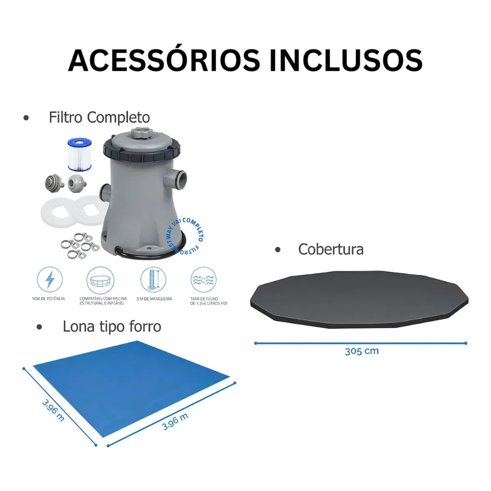 Kit Piscina Estrutural Bestway 4.678 Litros Steel Pro MAX Completo: Filtro 127V + Capa + Forro