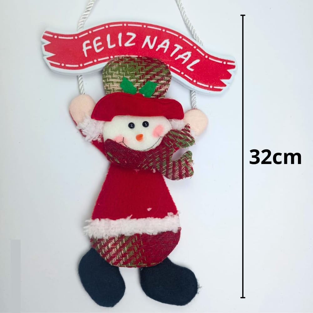 Enfeite de Natal de Pendurar com Placa Feliz Natal 32x19cm – Decoração Natalina para Porta, Parede ou Árvore de Natal - Shop100 (Boneco de Neve)