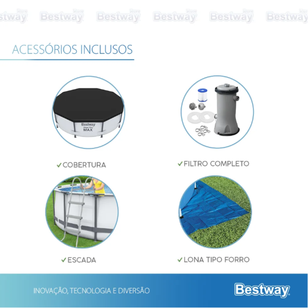Piscina Estrutural Bestway Steel Pro MAX 9.150L com Escada, Capa, Forro e Filtro 2.006 L/h 127V