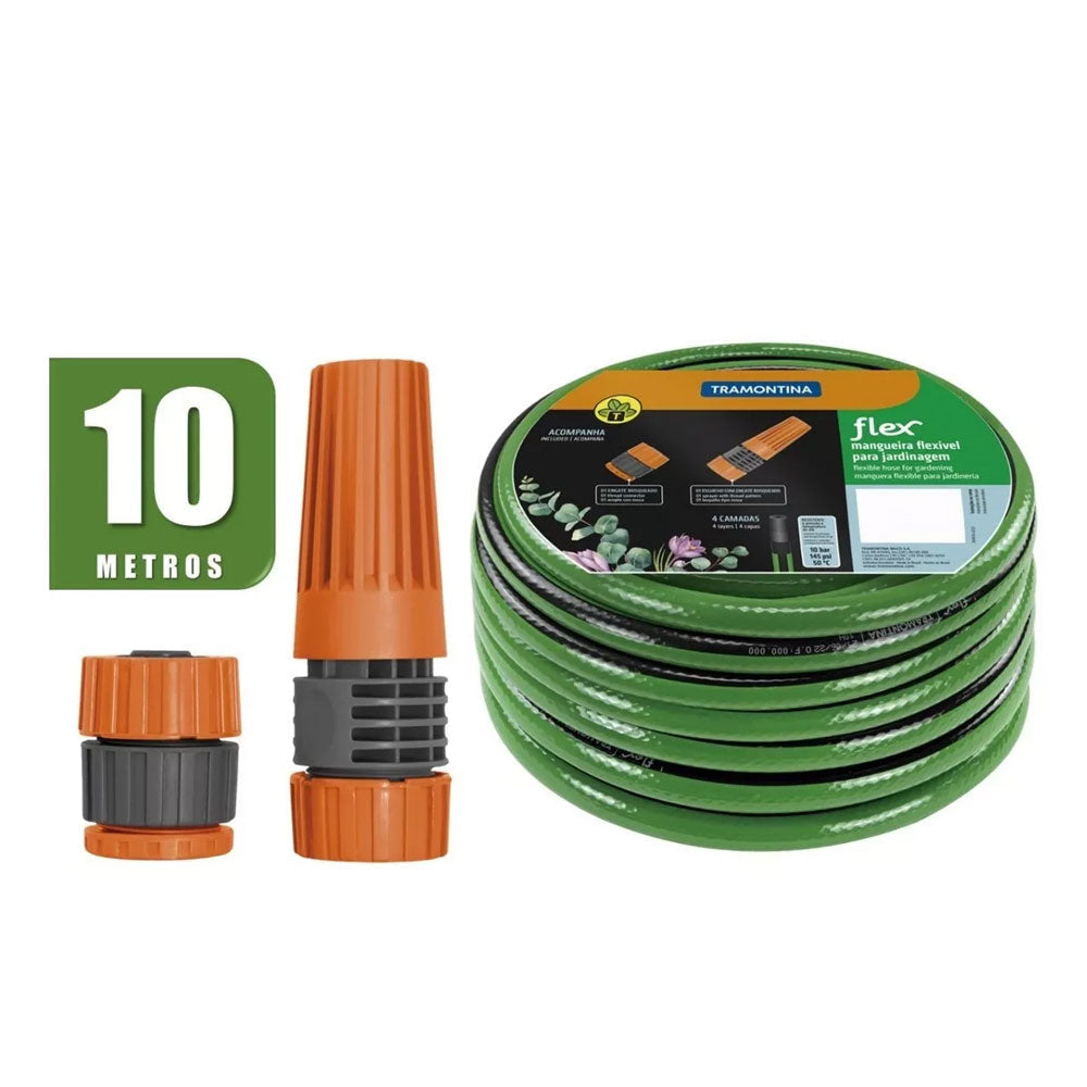 Mangueira Flex para Jardim em Pvc 4 Camadas 10 M com Engate Rosqueado e Esguicho Tramontina