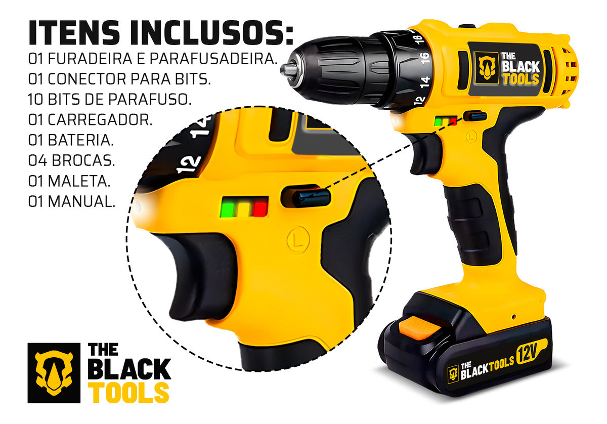 Jogo De Ferramentas 169 Peças Com Maleta E Furadeira Parafusadeira Sem Fio A Bateria Tb-12e 12v 3/8 10mm The Black Tools