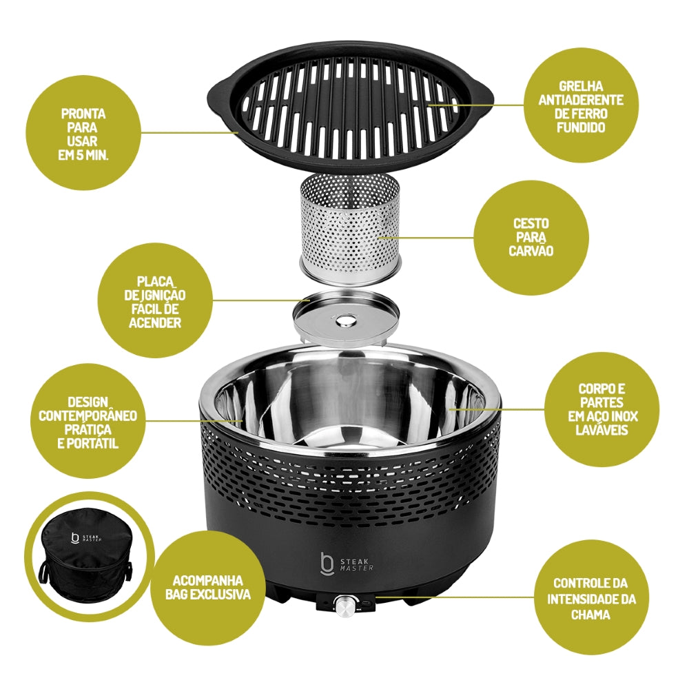Churrasqueira Portátil A Carvão Master Smoke & Fire USB Com Bag
