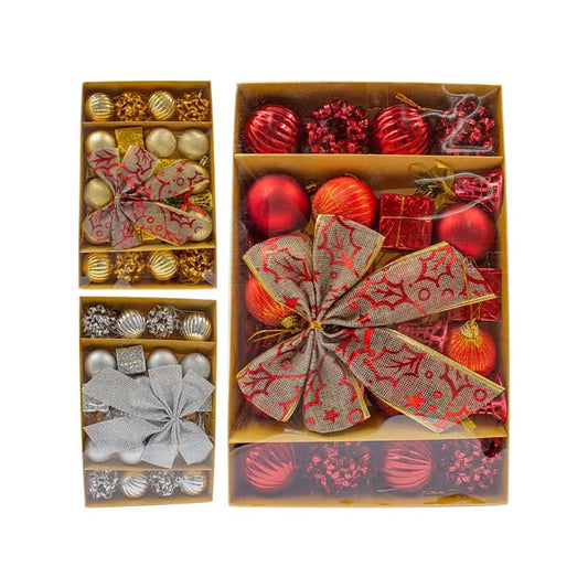 Kit 24 Enfeites Natalinos Bola Laço Decoração Árvore de Natal Vermelho Dourado Prata