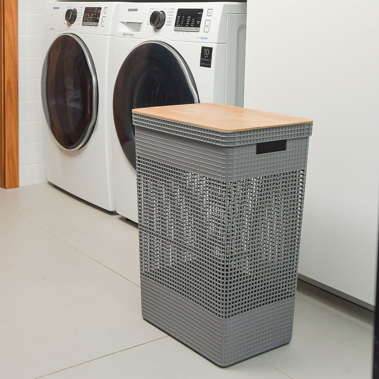 Cesto de roupas Ou 49L com tampa de bambu Linha Grid