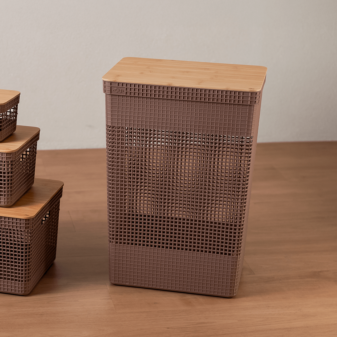 Cesto de roupas Ou 49L com tampa de bambu Linha Grid