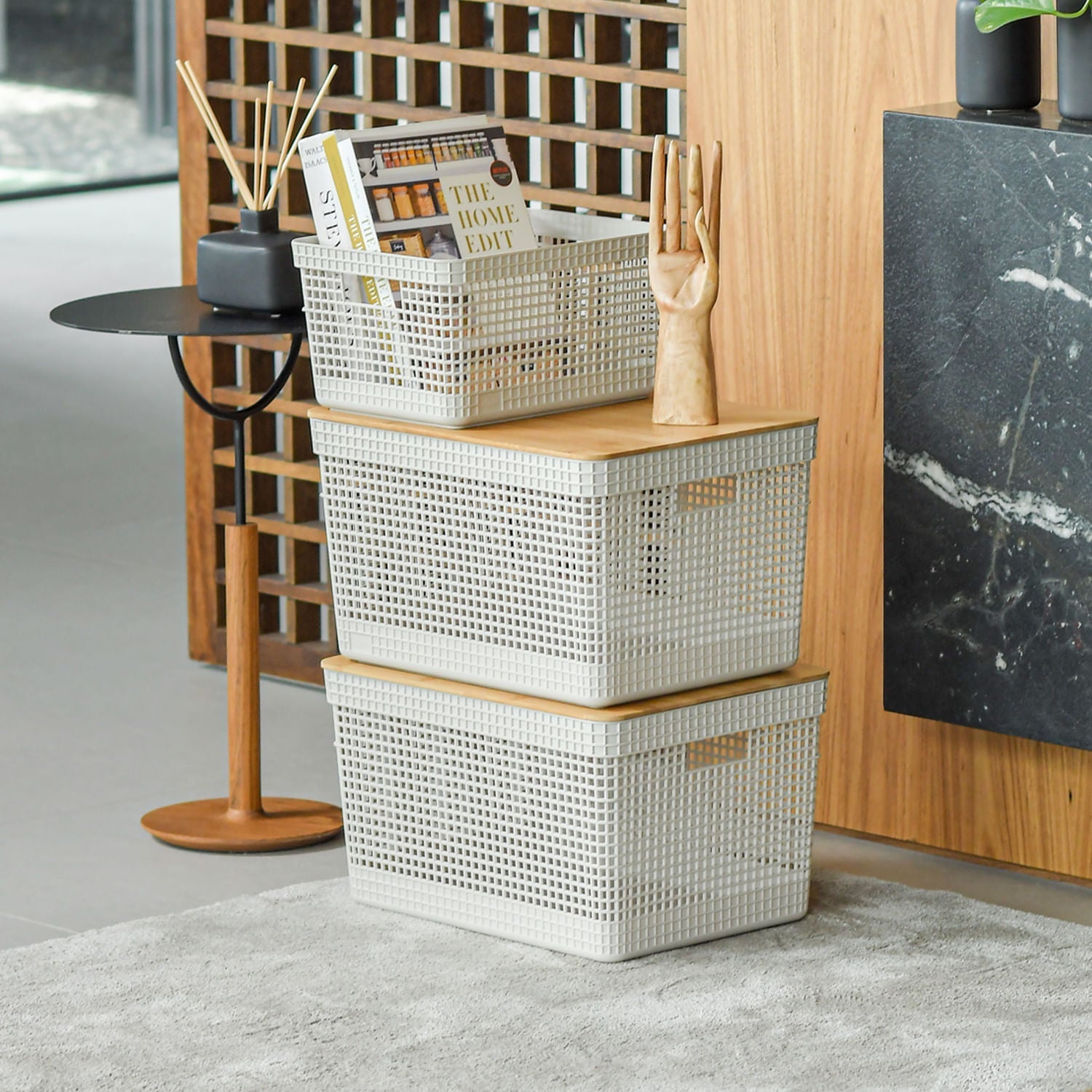 Cesto organizador Ou 20L com tampa de bambu Linha Grid