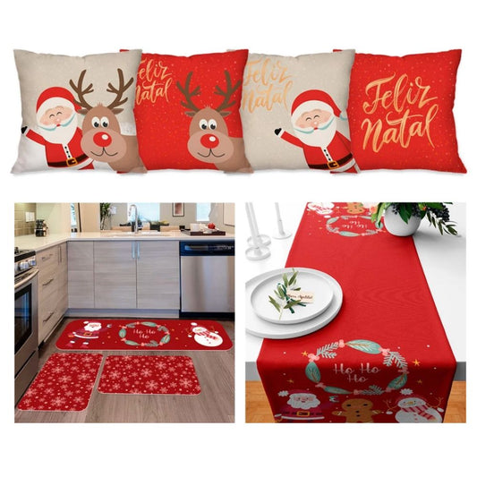 Kit Natal 4 Capas de Almofada + Kit 3 Tapetes + 1 Trilho de Mesa - Feliz Natal
