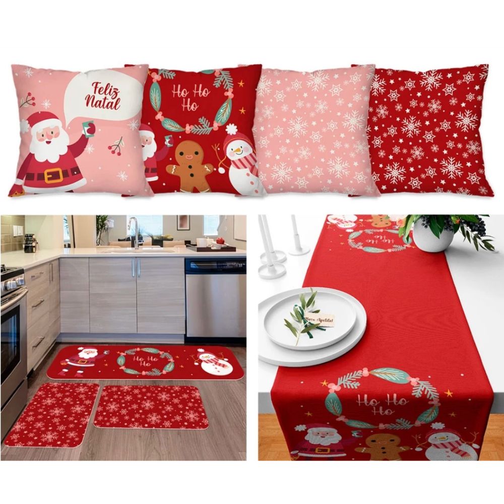 Kit Natal 4 Capas de Almofada + Kit 3 Tapetes + 1 Trilho de Mesa - Feliz Natal Rosa