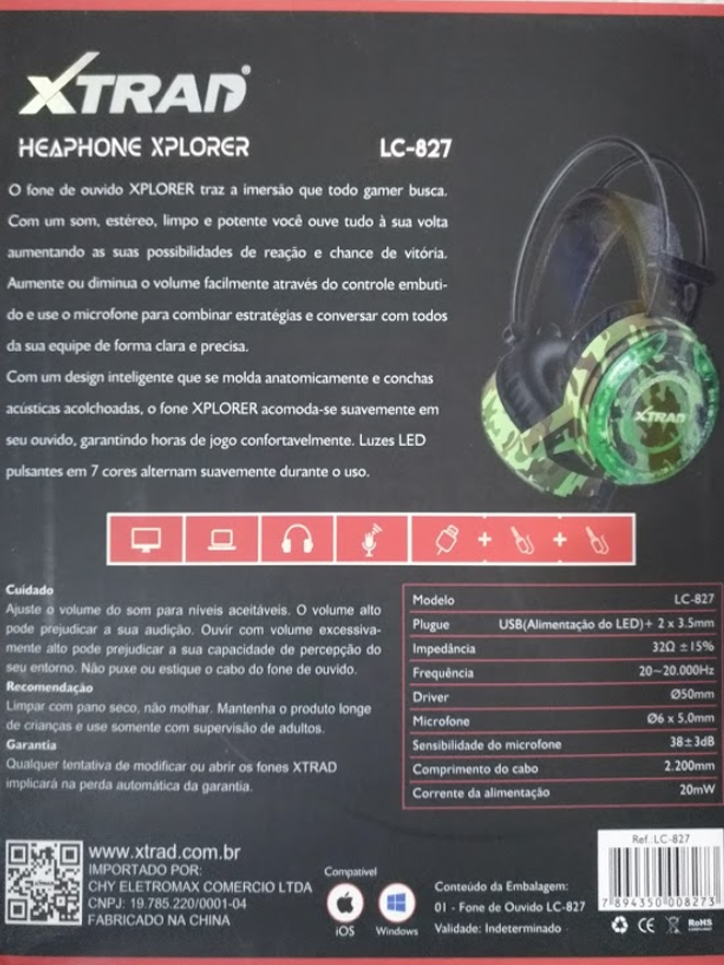 Fone de Ouvido Headphone Headset Gamer com Led (USB + 2 P2) LC-827 - Xtrad