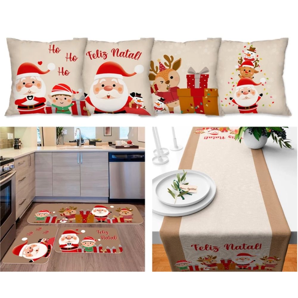 Kit Natal 4 Capas de Almofada + Kit 3 Tapetes + 1 Trilho de Mesa - Ho Ho Ho