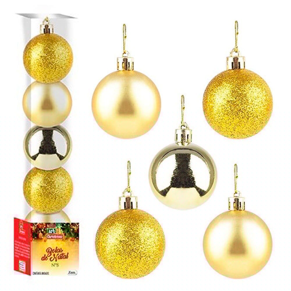 Kit Bola De Natal Lisa Dourada 8cm Com 5 Unidades U / UNICA