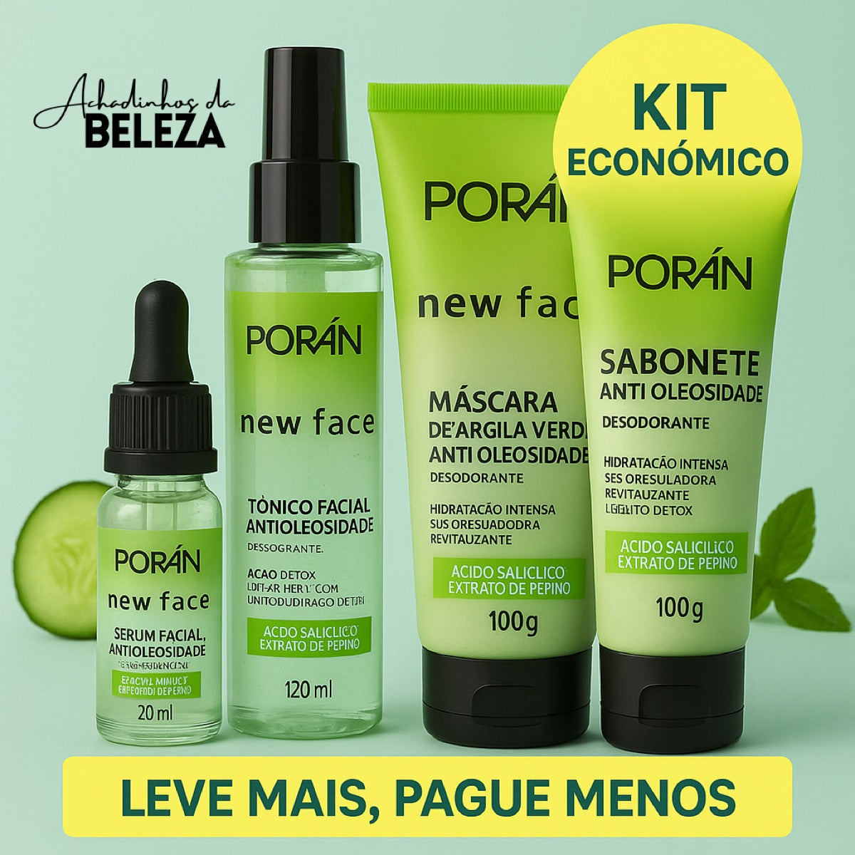 Kit Skincare Porán New Face Anti Oleosidade  Ácido Salicílico + Extrato de Pepino  Controle de Oleosidade  Efeito Detox