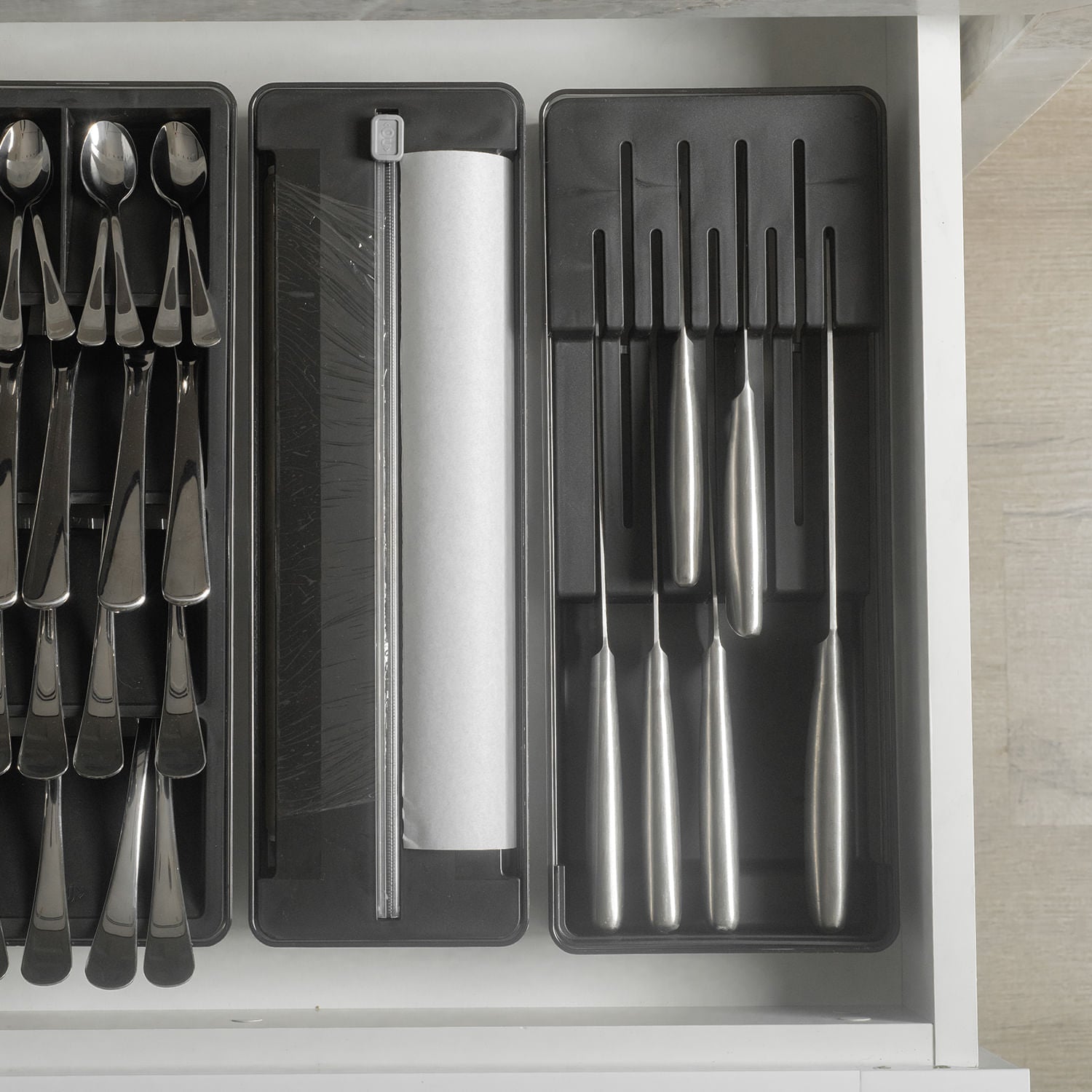 Organizador e cortador de rolos duplo Ou Linha Clear Gavetas