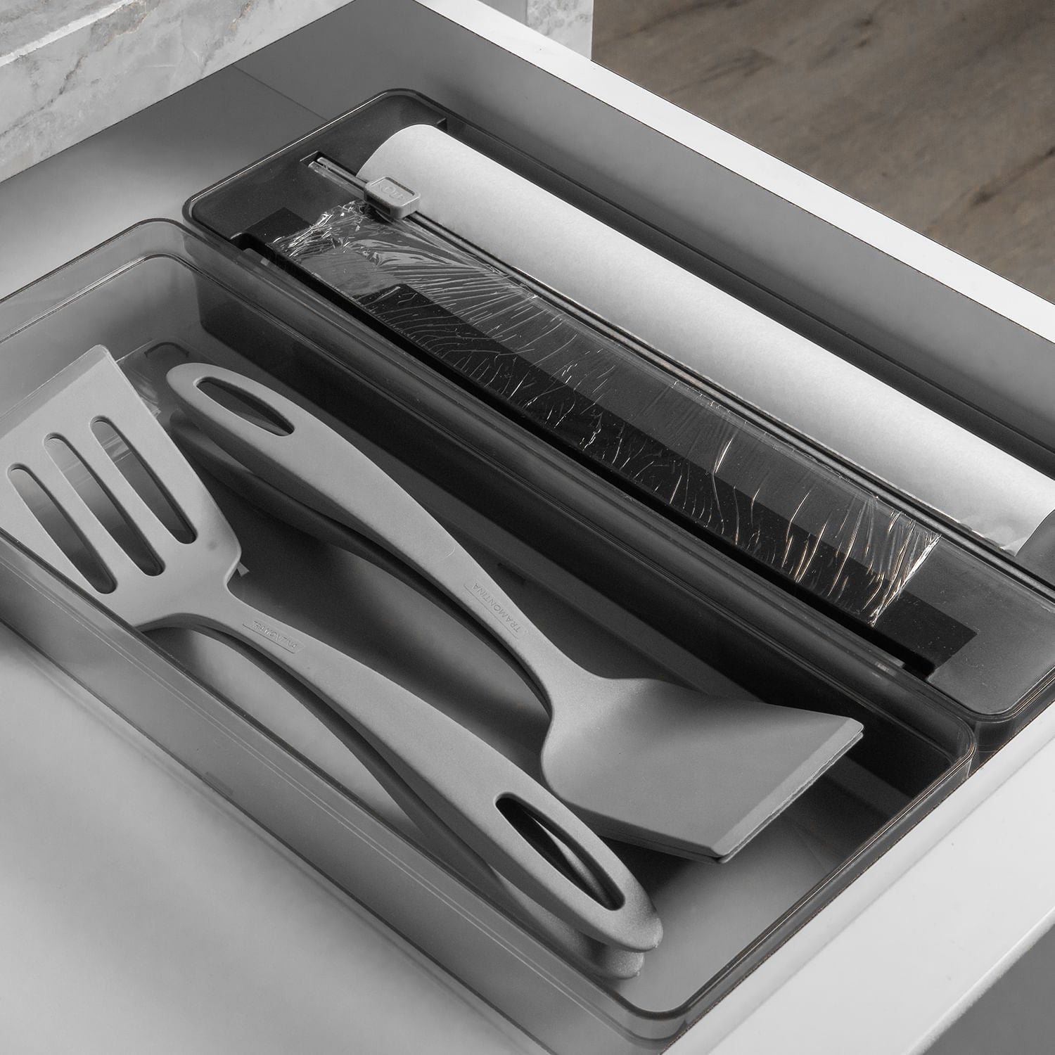 Organizador e cortador de rolos duplo Ou Linha Clear Gavetas