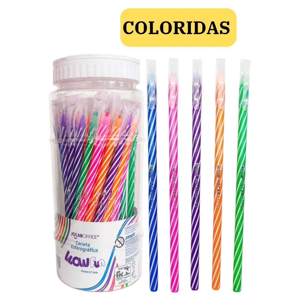 Kit 10 Canetas Esferográficas Wow 0.7mm Coloridas Branco Escolar Escritório Leo&Leo