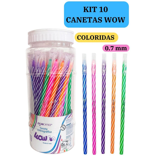 Kit 10 Canetas Esferográficas Wow 0.7mm Coloridas Branco Escolar Escritório Leo&Leo