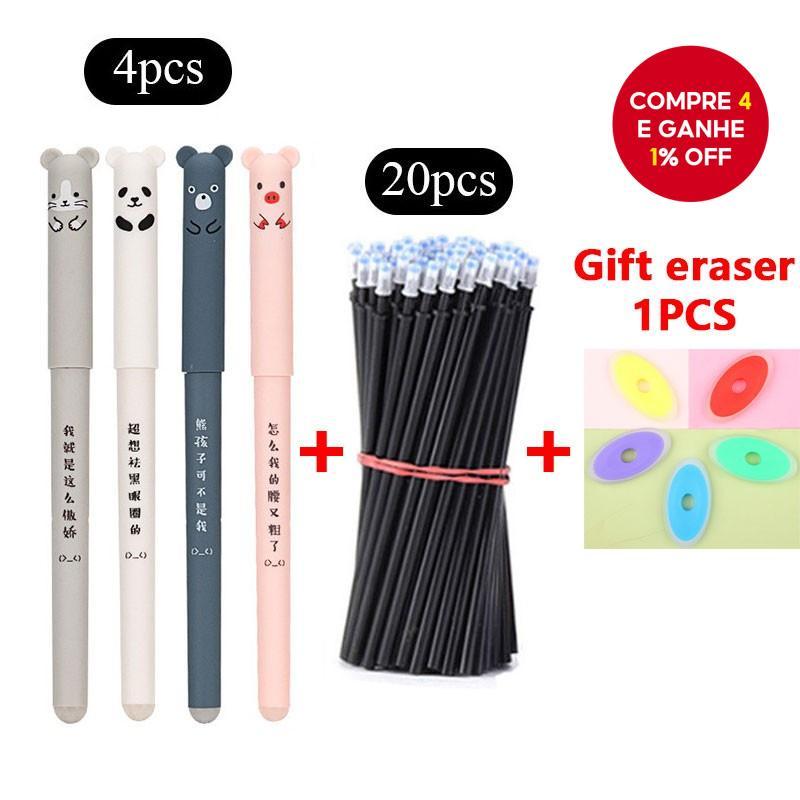 Conjunto De Canetas De Gel Apagáveis 25 Unidades-4 + 20 Recargas (Preto/Azul) Para Escola E Escritório